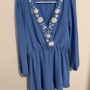 Blue Long Sleeve Romper with Floral Embroidery